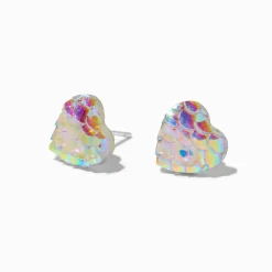 Clous d'oreilles à tige couleur argentée cœur écaille de poisson iridescents