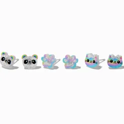 Clous d'oreilles acrylique panda, chat et patte à paillettes - Lot de 3