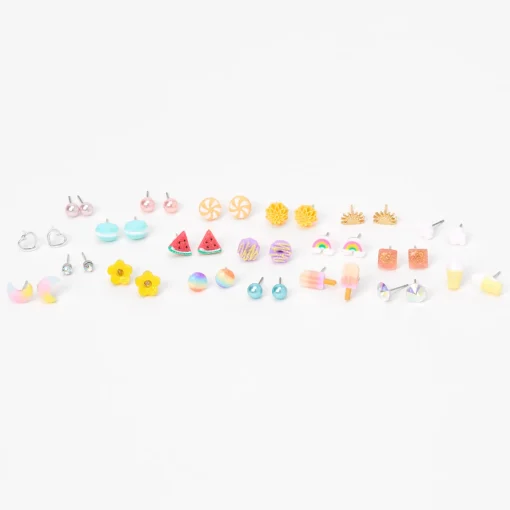 Clous d'oreilles aux designs variés arc-en-ciel pastel - Lot de 20