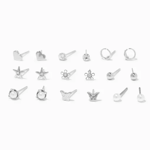 Clous d'oreilles aux designs variés fleurs et perles d'imitation couleur argentée - Lot de 9
