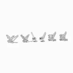 Clous d'oreilles boules carré strass papillon couleur argentée C LUXE by Claire’s - Lot de 3