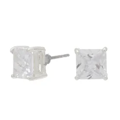 Clous d'oreilles carrés avec strass en zircon cubique d'imitation couleur argentée - 7 mm