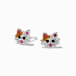 Clous d'oreilles chat et strass couleur argentée