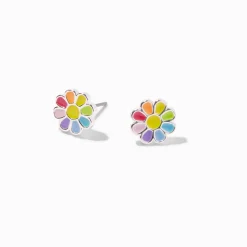 Clous d'oreilles couleur argentée marguerite arc-en-ciel