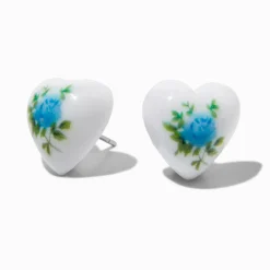 Clous d'oreilles cœur blanc et fleur bleue