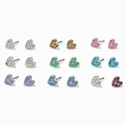 Clous d'oreilles cœur strass pastel - Lot de 9