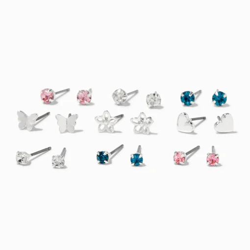 Clous d'oreilles cœurs floraux couleur argentée - Lot de 9