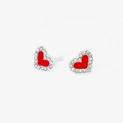 Clous d'oreilles cœurs rouges décorés en argent