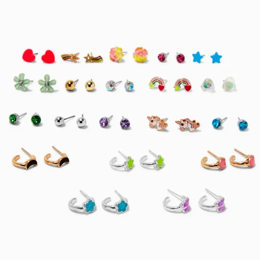Clous d'oreilles et créoles fluo en métaux mixtes - Lot de 20