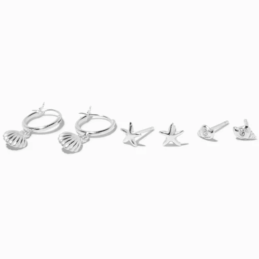 Clous d'oreilles et créoles coquillages couleur argentée C LUXE by Claire’s - Lot de 3