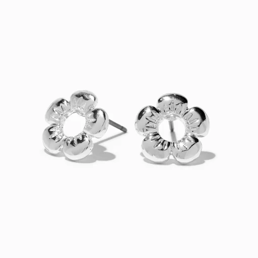 Clous d'oreilles fleurs bombés couleur argentée