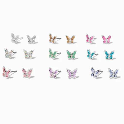 Clous d'oreilles papillon strass colorés - Lot de 9