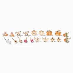 Clous d'oreilles papillon aux designs variés couleur dorée - Lot de 9