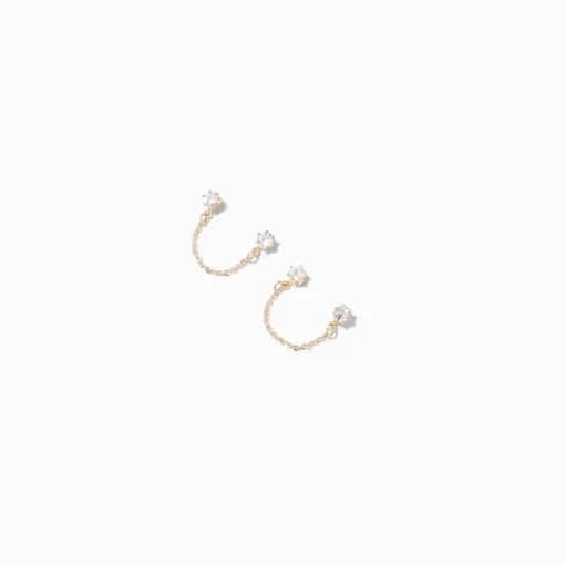 Clous d'oreilles reliés par une chaîne en zircon cubique d'imitation couleur dorée