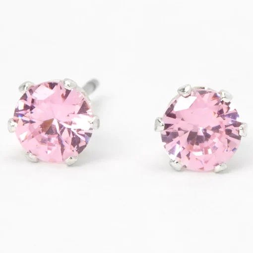 Clous d'oreilles ronds avec strass en zircon cubique d'imitation couleur argentée - Rose, 5 mm