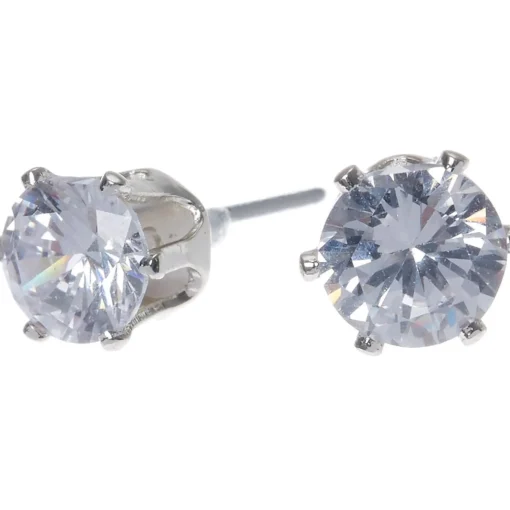 Clous d'oreilles ronds avec strass en zircon cubique d'imitation couleur argentée - 6 mm