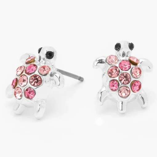 Clous d'oreilles tortue ornementée couleur argentée - Rose