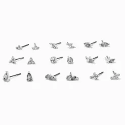 Clous d'oreilles variés croix en strass couleur argentée - Lot de 9