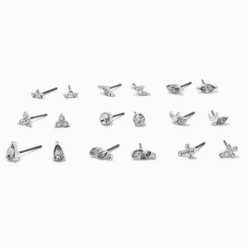 Clous d'oreilles variés croix en strass couleur argentée - Lot de 9