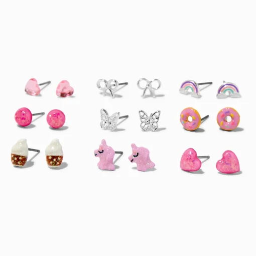 Clous d'oreilles variés licorne et donut roses - Lot de 9