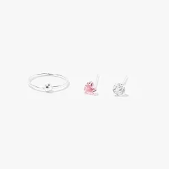 Clous et anneaux pour piercing de nez 0,8 mm avec zircon cubique cœur couleur argentée - Lot de 3
