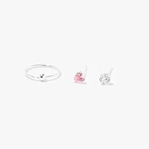 Clous et anneaux pour piercing de nez 0,8 mm avec zircon cubique cœur couleur argentée - Lot de 3