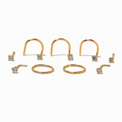 Clous et anneaux pour piercing de nez 0,6 mm avec zircon cubique en titane couleur dorée - Lot de 9