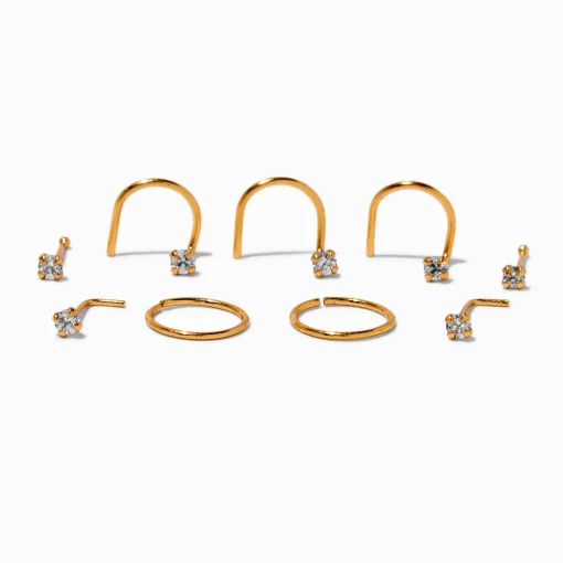 Clous et anneaux pour piercing de nez 0,6 mm avec zircon cubique en titane couleur dorée - Lot de 9