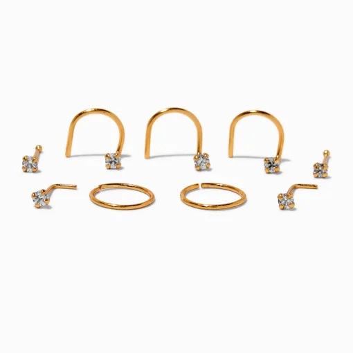 Clous et anneaux pour piercing de nez avec zircon cubique 0,6 mm en titane couleur dorée - Lot de 9