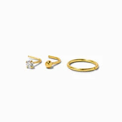 Clous et anneaux pour piercing de nez 0,6 mm avec zircon cubique couleur argentée et couleur dorée - Lot de 3
