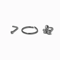Clous et anneaux pour piercing de nez 0,8 mm avec pendentif en zircon cubique en titane couleur argentée - Lot de 3