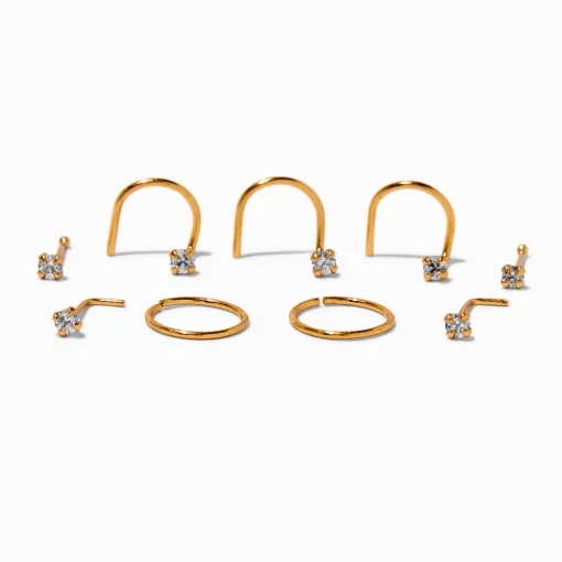 Clous et anneaux pour piercing de nez 0,6 mm avec zircon cubique couleur argentée et couleur dorée - Lot de 9
