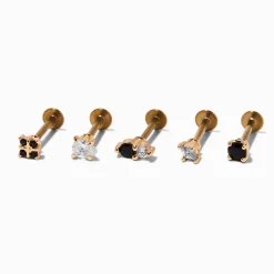 Clous pour piercing de cartilage non filetés 1,0 mm zircon cubique acier inoxydable couleur dorée - Lot de 5