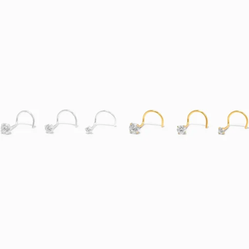 Clous pour piercing de nez en zircon cubique d'imitation de différentes tailles 0,6 mm couleur argentée - Lot de 6