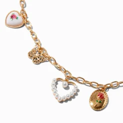 Collier à breloques fleurs, papillon et cœur couleur dorée