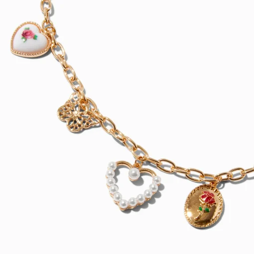 Collier à breloques fleurs, papillon et cœur couleur dorée