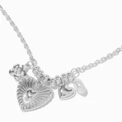 Collier à pendentif à breloques en grappe cœur et marguerite couleur argentée