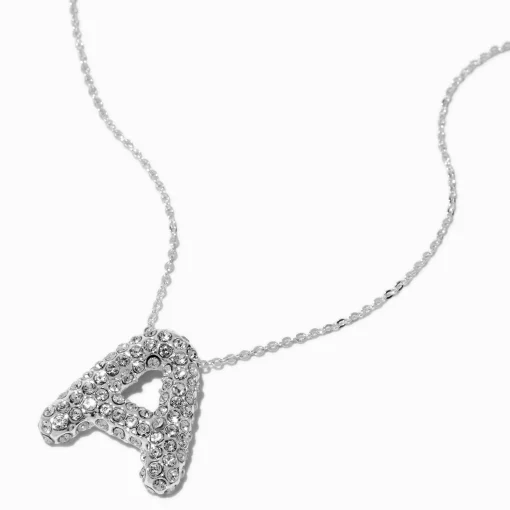 Collier à pendentif à bulles et initiale pavé couleur argentée - A