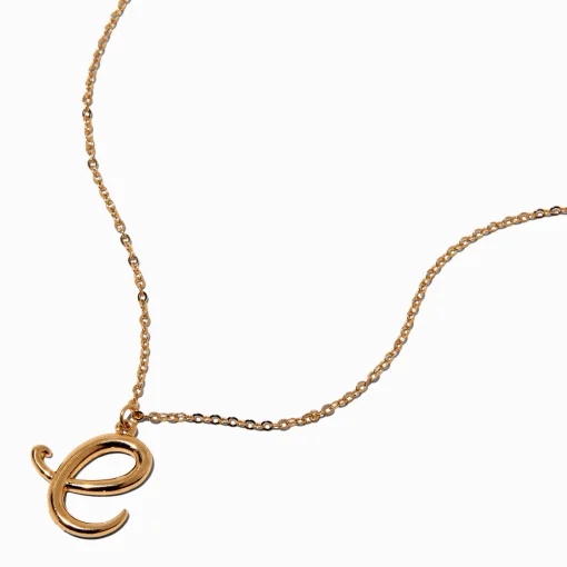 Collier à pendentif à initiale écriture cursive couleur dorée - E