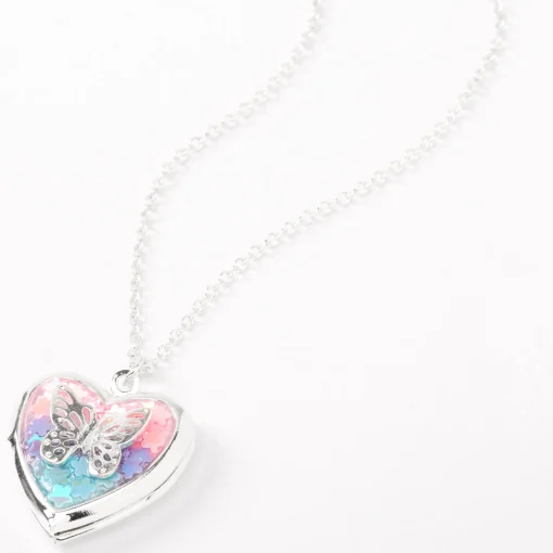 Collier à pendentif avec médaillon cœur et papillon arc-en-ciel couleur argentée