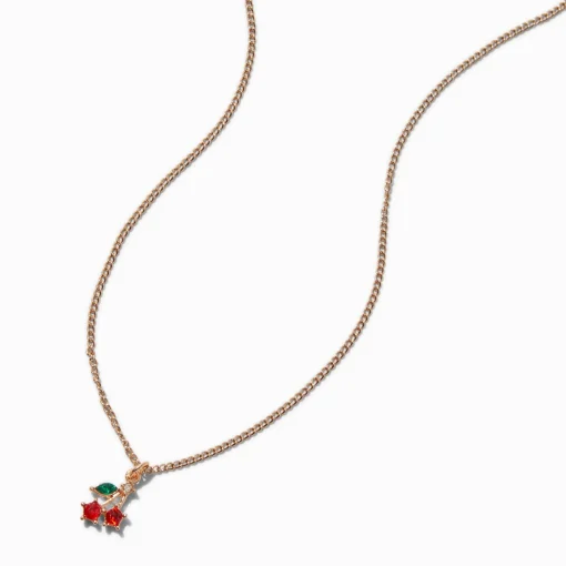 Collier à pendentif cerise délicate strass couleur dorée