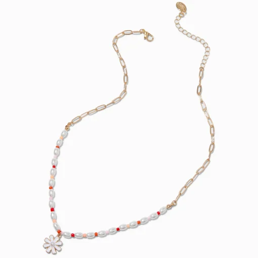 Collier à pendentif chaîne à maillons trombones couleur dorée et demi perlé marguerite blanc