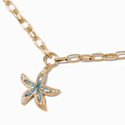 Collier à pendentif chaînette style trombone étoile de mer décorée couleur dorée