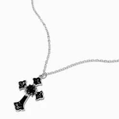 Collier à pendentif couleur argentée croix rose noire