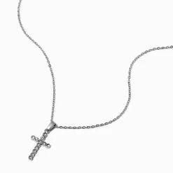Collier à pendentif couleur argentée croix pavé en acier inoxydable