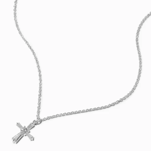 Collier à pendentif croix en zircon cubique couleur argentée