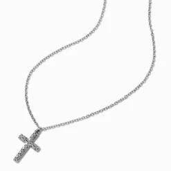 Collier à pendentif croix pavé couleur argentée