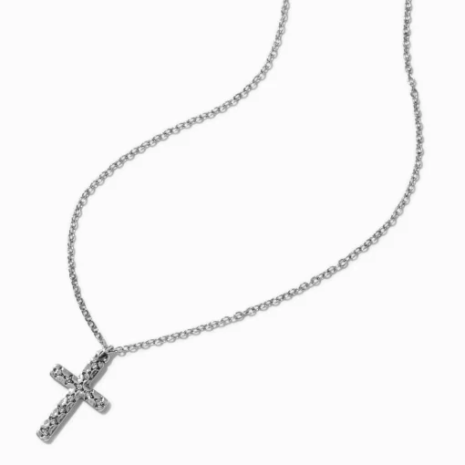 Collier à pendentif croix pavé couleur argentée