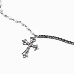 Collier à pendentif croix perle d'imitation couleur hématite