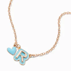 Collier à pendentif cœur à initiale bulle bleu - R